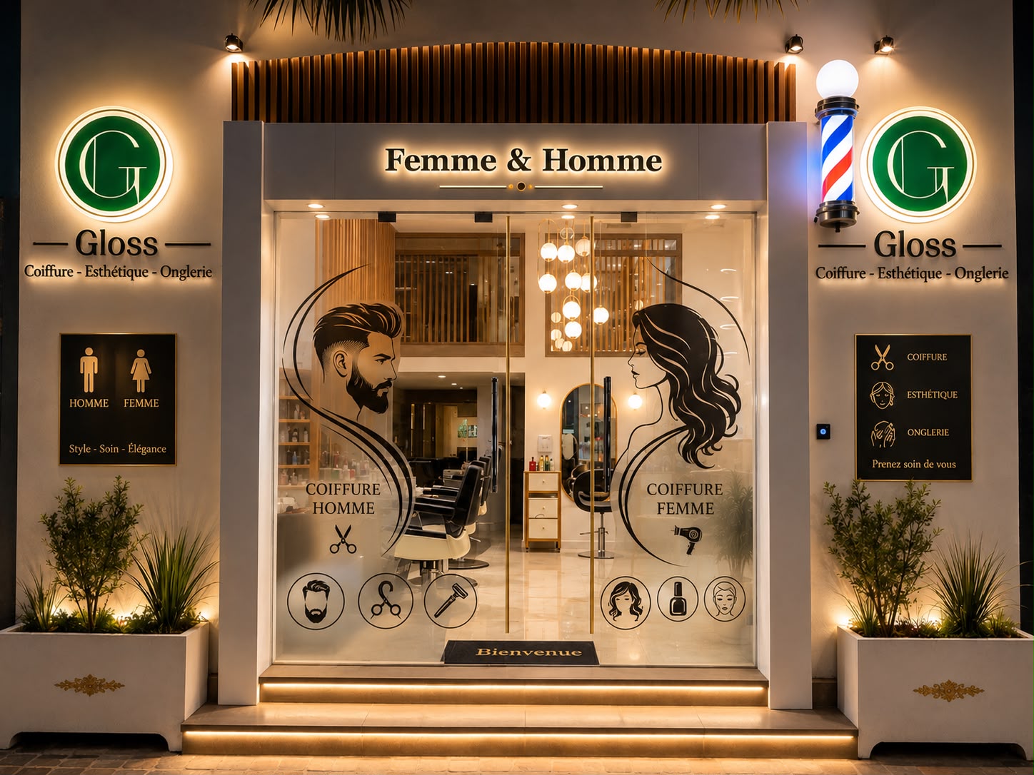 Façade illuminée du salon Gloss Institut